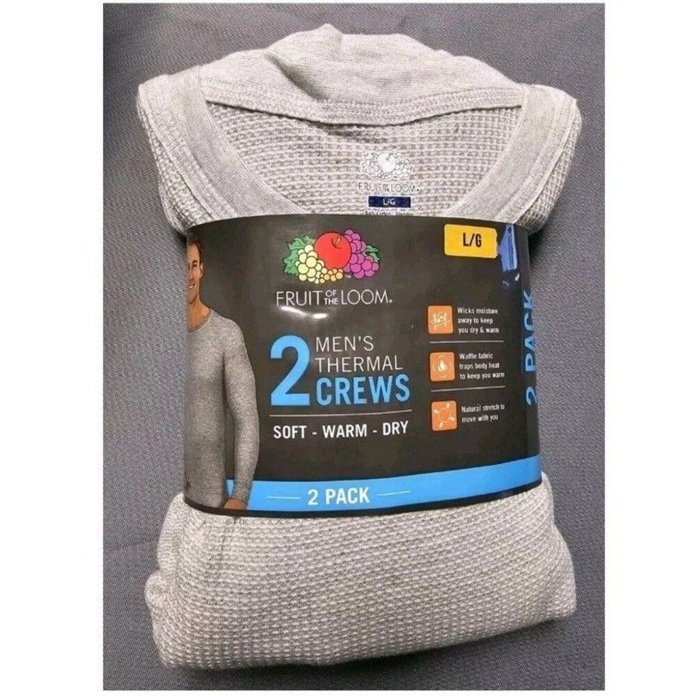 Fruit of the Loom 2 Pack Mens Thermal Crew Tops Gray Size Large L Wicks Moisture